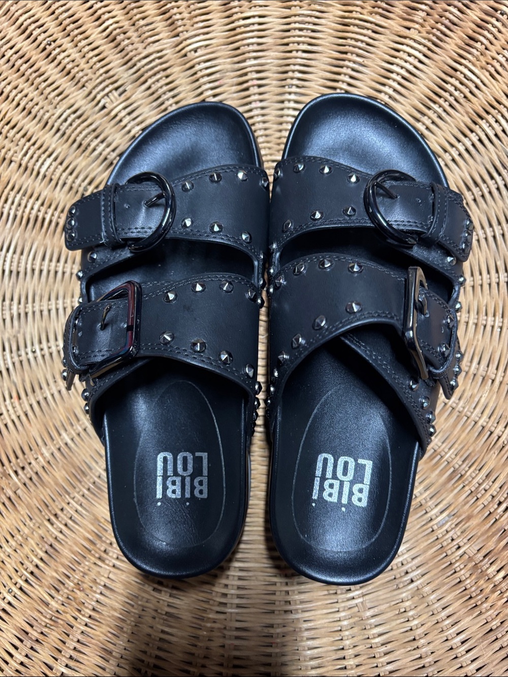 Bibi Lou Black Studded Double-Buckle Slide Sandals